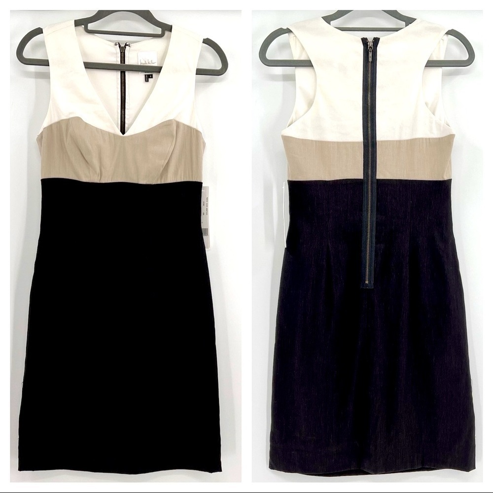Nicole Miller Sleeveless Colorblock Midi Dress in White, Beige & Black